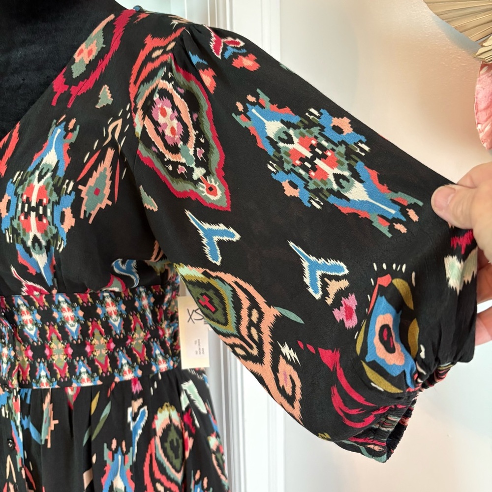 TOLANI Long Black Geometric Tribal Print Asymmetrical Contrast NEW Maxi Dress! - Picture 2 of 16